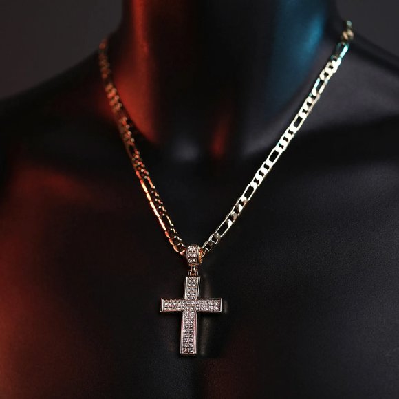 14k Men's Gold 20" Chain and Cross Pendant - Picture 1 of 4
